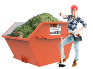 Grünschnitt-Container mit Handwerkerin – Heiss Klein-Containerdienst