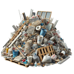 Haufen aus Baustellenabfällen mit Holz, Plastik, Metallen und Verpackungen – Jetzt mit Kleincontainerdienst entsorgen.